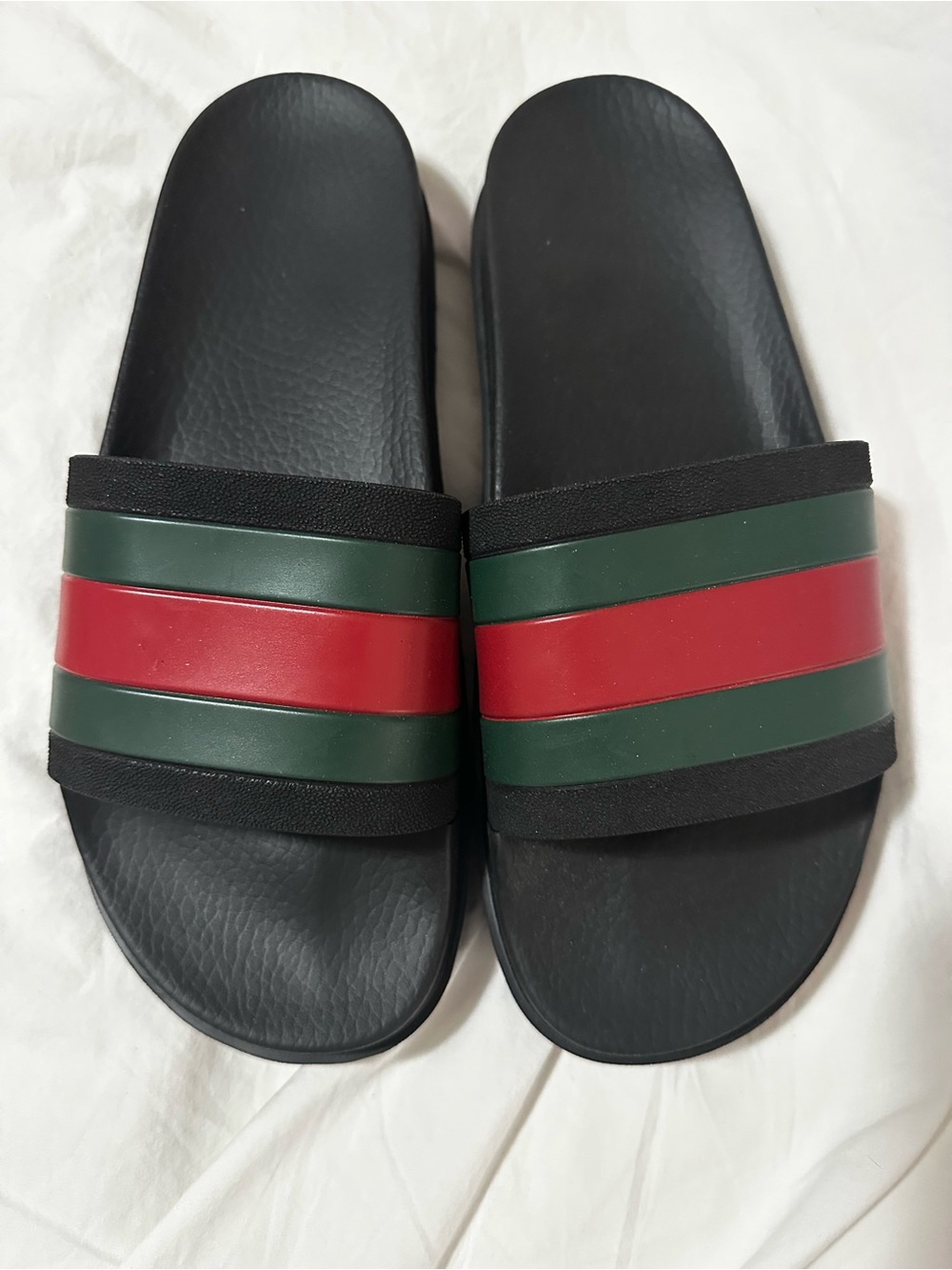 Gucci Men's Black Slide Sandals Green Red Striped Logo Rubber US 10